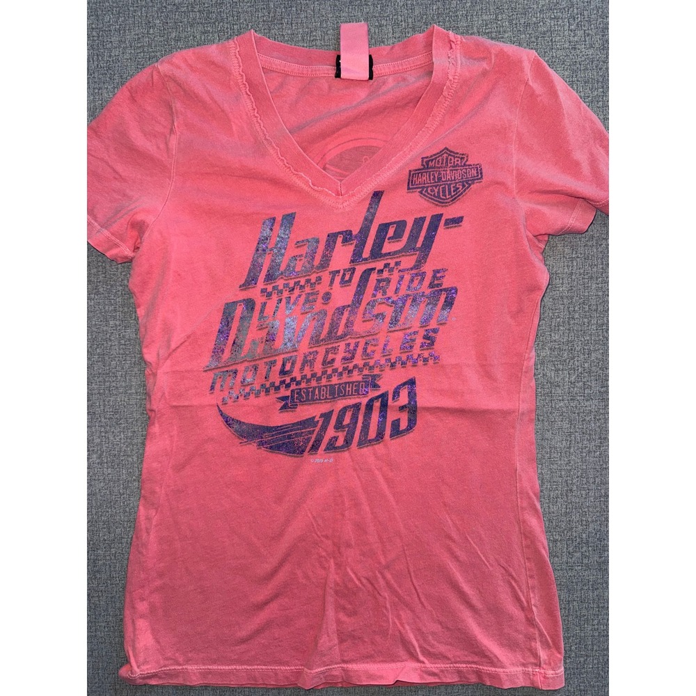 Harley-Davidson Seacoast NH Graphic V-Neck T-Shirt Pink XS Glitter Logo 2019